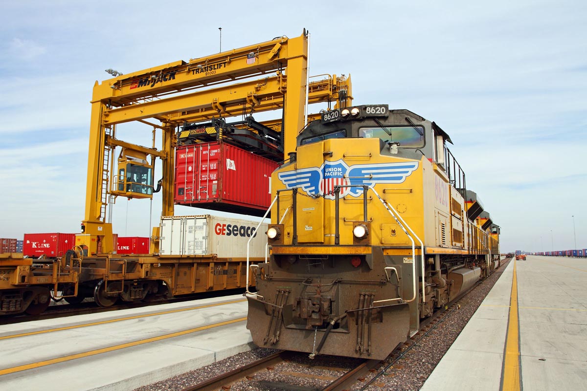 Union Pacific train in the CenterPoint Intermodal Center in Joliet, IL