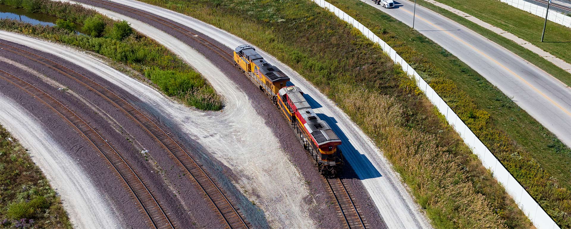 Aerial photo of a small shipping train in Joliet, IL