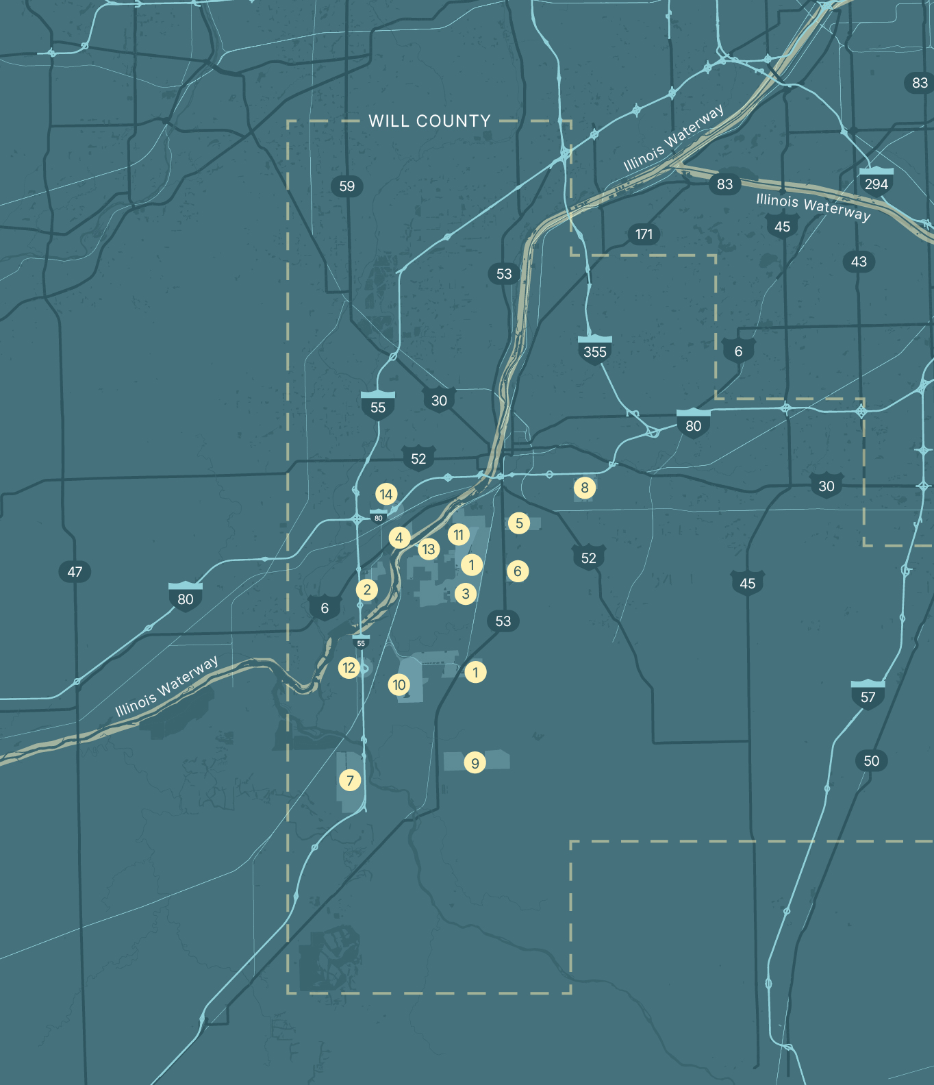 JADA branded development map of the greater Joliet area numbered